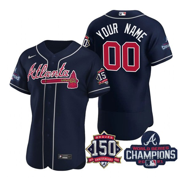 Men's Atlanta Braves Customized 2021 Navy World Series Champions With 150th Anniversary Flex Base Stitched Jersey